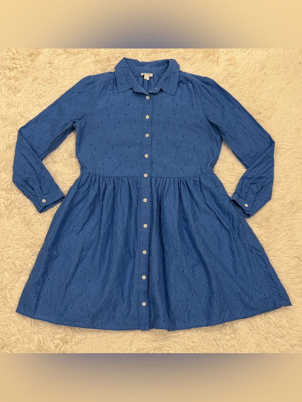 J. Crew Factory Eyelet Mini Button-Down Shirt Dress 2 Blue Long Sleeve Preppy